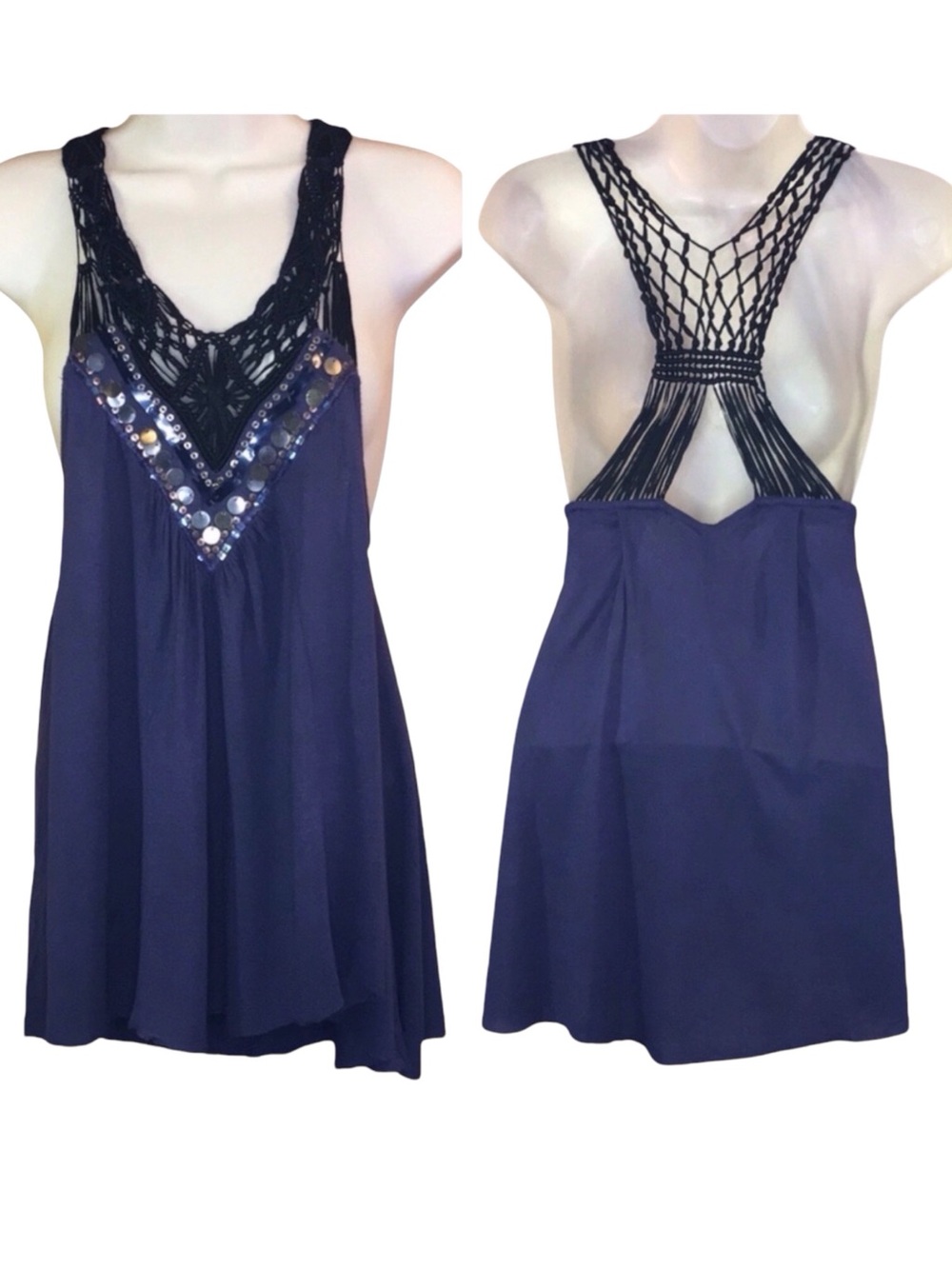 Free People | Blue Tunic Tank Sequin Crochet Neckline / Back M